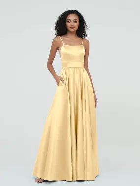 A-ligne Bretelles Spaghetti Robes Maxi en Satin Or