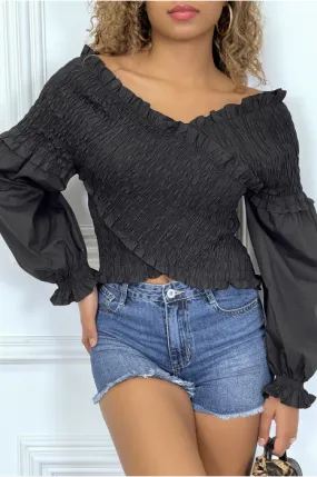 Blouse plissée noire, à manches longues bouffantes