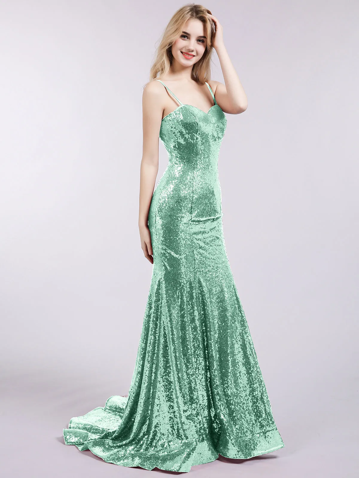 Bretelle Spaghetti Paillettes Sirène Robe Vert Menthe Grande Taille