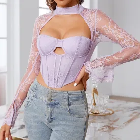 Top corset à manches longues violet en dentelle